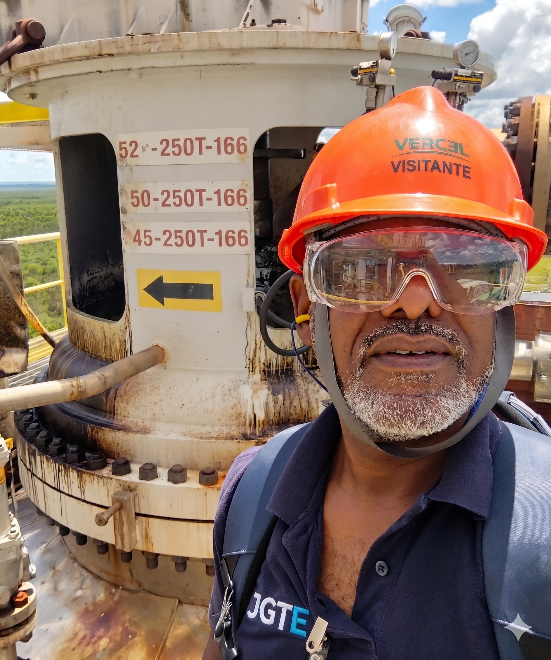 Engenheiro José Roberto Martins com capacete e óculos de segurança realizando vistoria em equipamento industrial de grande porte