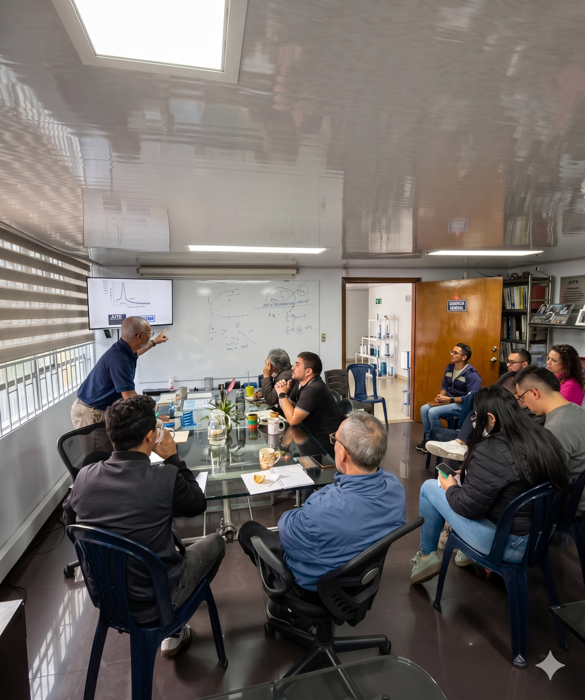 José Roberto Martins apresentando espectro FFT e análise de vibração para equipe de engenharia em sala de reunião JGTE