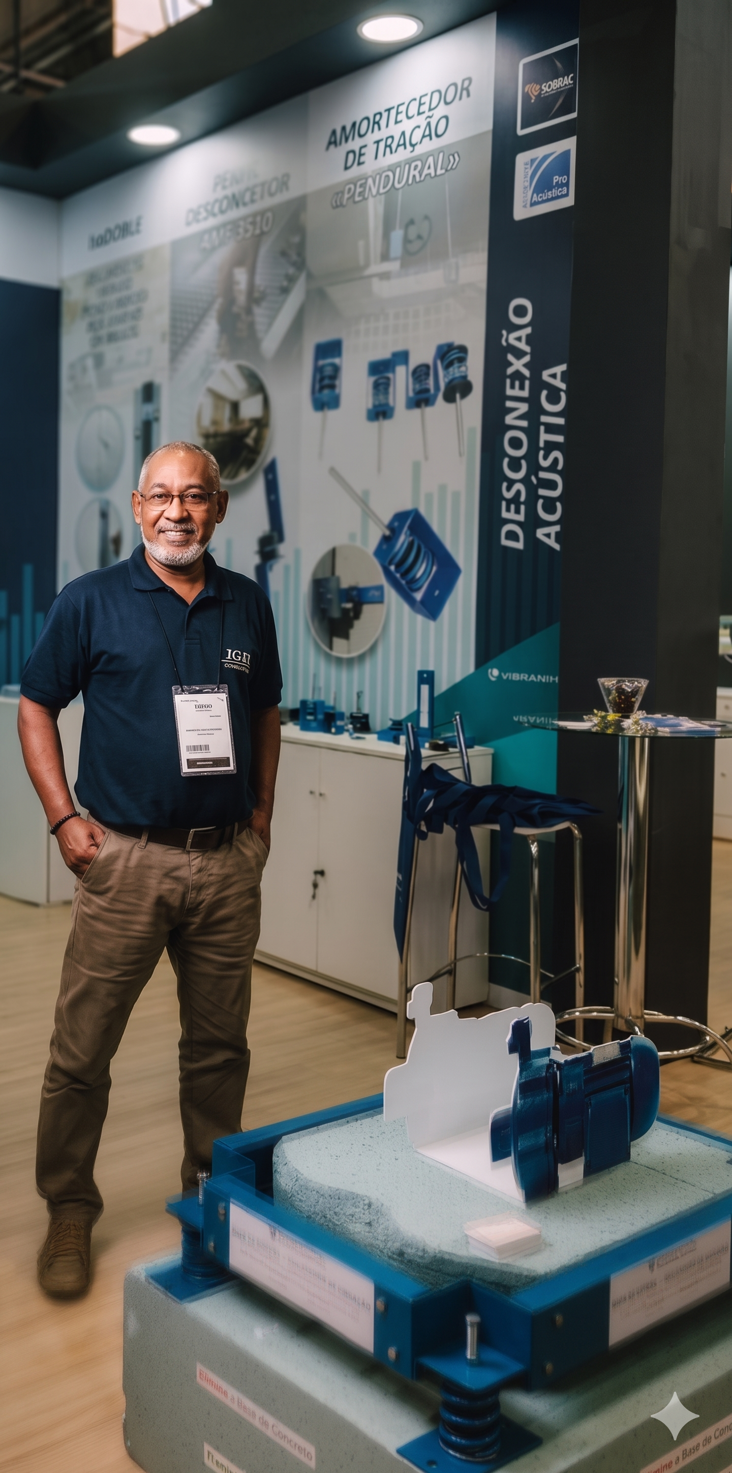 José Roberto Martins na feira SOBRAC/ProAcústica ao lado de maquete de base de inércia isolada e display de produtos de desconexão acústica